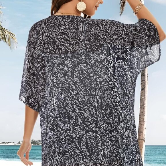 Womens Kimono Beach Cover Up Chiffon Cardigan Floral Tops Loose Capes - Picture 5 of 5